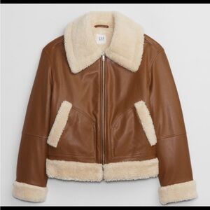 GAP Women's Tan Faux Leather Jacket with Cream Trim